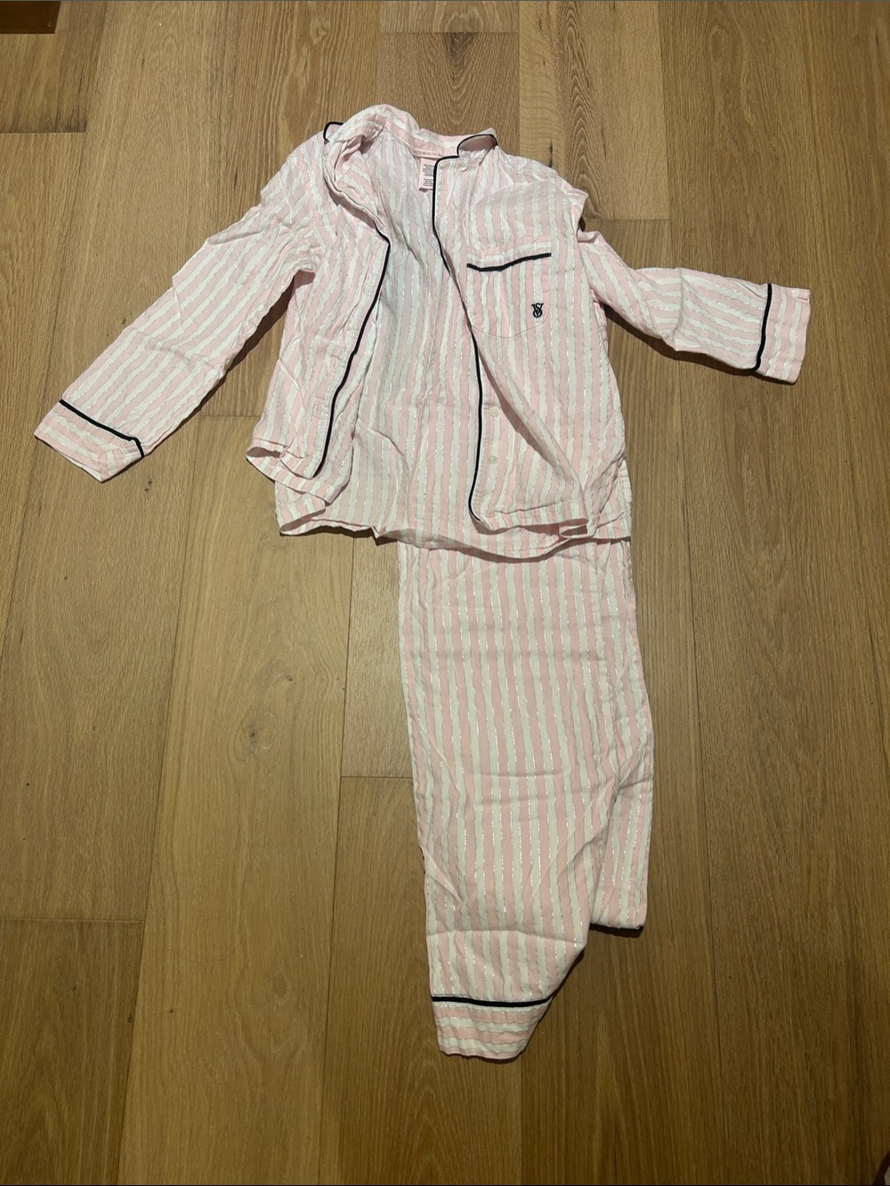 Victoria's Secret Pink and White Striped Pajama Set with Black Piping